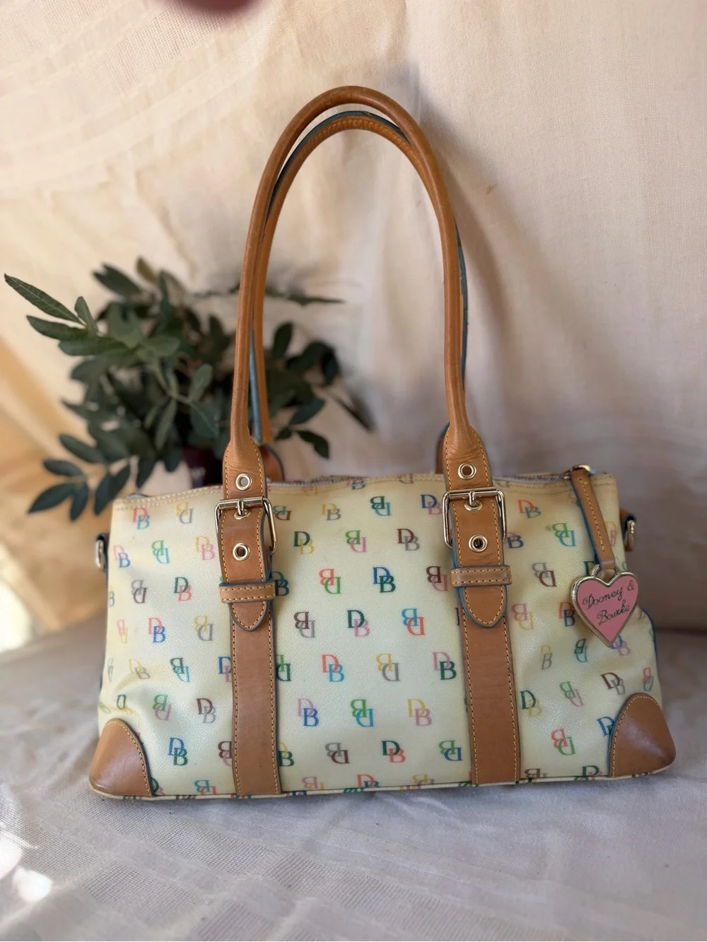 Dooney & Bourke Cream Multicolor DB Logo Satchel with Tan Trim